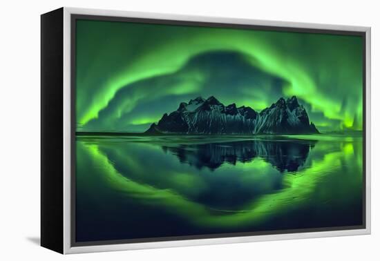 Aurora borealis over Vestrahorn mountains and beach at night, Stokksnes, Iceland-Panoramic Images-Framed Premier Image Canvas