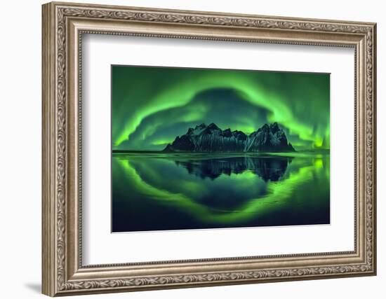 Aurora borealis over Vestrahorn mountains and beach at night, Stokksnes, Iceland-Panoramic Images-Framed Photographic Print