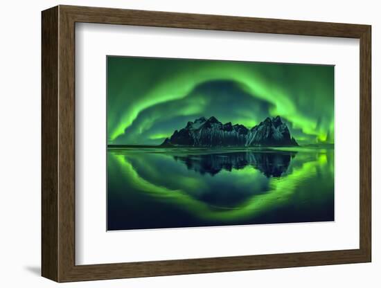 Aurora borealis over Vestrahorn mountains and beach at night, Stokksnes, Iceland-Panoramic Images-Framed Photographic Print