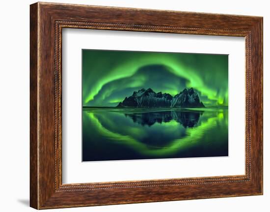 Aurora borealis over Vestrahorn mountains and beach at night, Stokksnes, Iceland-Panoramic Images-Framed Photographic Print