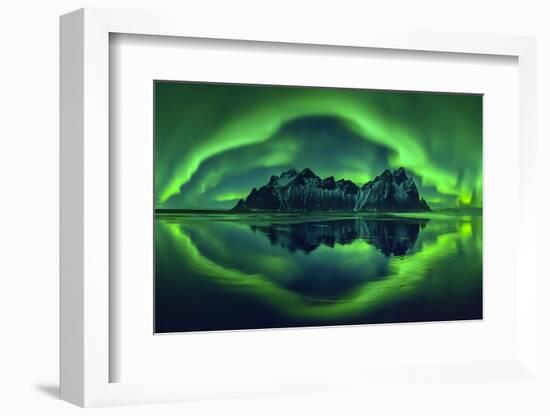 Aurora borealis over Vestrahorn mountains and beach at night, Stokksnes, Iceland-Panoramic Images-Framed Photographic Print