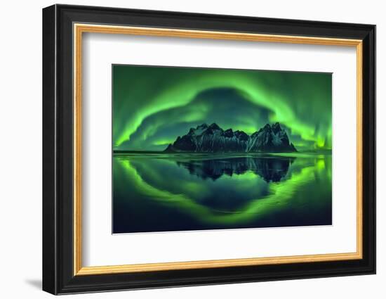 Aurora borealis over Vestrahorn mountains and beach at night, Stokksnes, Iceland-Panoramic Images-Framed Photographic Print