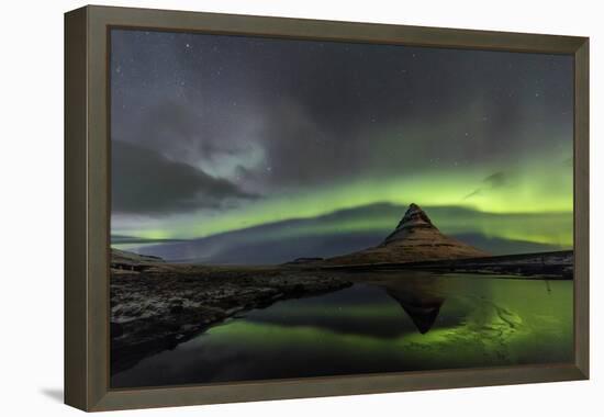 Aurora Borealis reflects below Kirkjufell, Snaefellsnes Peninsula, Iceland-Chuck Haney-Framed Premier Image Canvas