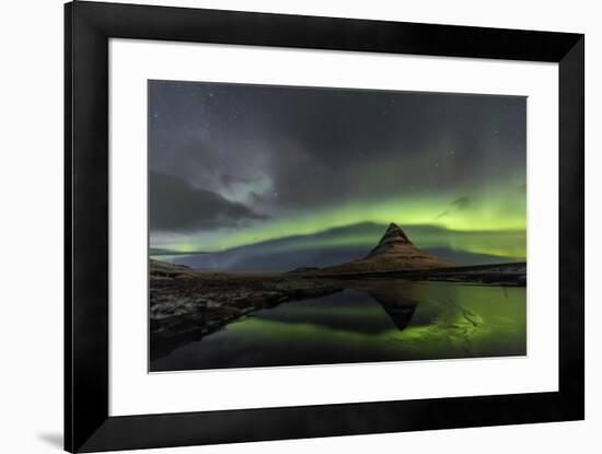 Aurora Borealis reflects below Kirkjufell, Snaefellsnes Peninsula, Iceland-Chuck Haney-Framed Premium Photographic Print