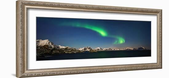 Aurora over Stamsund village and snowy mountains in background, Lofoten, Nordland County, Norway-null-Framed Photographic Print
