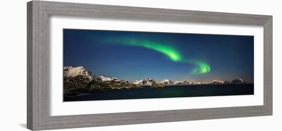 Aurora over Stamsund village and snowy mountains in background, Lofoten, Nordland County, Norway-null-Framed Photographic Print