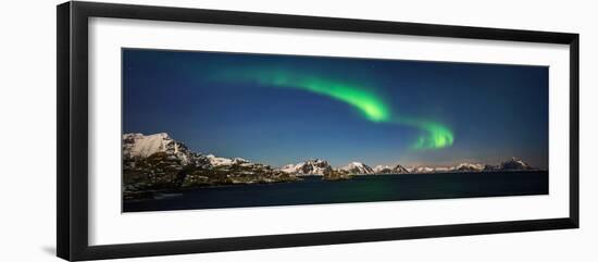 Aurora over Stamsund village and snowy mountains in background, Lofoten, Nordland County, Norway-null-Framed Photographic Print