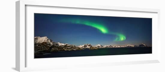 Aurora over Stamsund village and snowy mountains in background, Lofoten, Nordland County, Norway-null-Framed Photographic Print