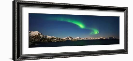 Aurora over Stamsund village and snowy mountains in background, Lofoten, Nordland County, Norway-null-Framed Photographic Print