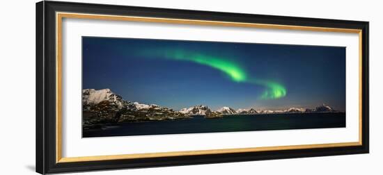 Aurora over Stamsund village and snowy mountains in background, Lofoten, Nordland County, Norway-null-Framed Photographic Print