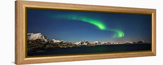 Aurora over Stamsund village and snowy mountains in background, Lofoten, Nordland County, Norway-null-Framed Premier Image Canvas