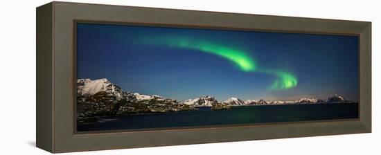 Aurora over Stamsund village and snowy mountains in background, Lofoten, Nordland County, Norway-null-Framed Premier Image Canvas