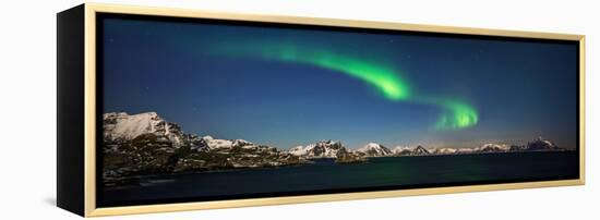 Aurora over Stamsund village and snowy mountains in background, Lofoten, Nordland County, Norway-null-Framed Premier Image Canvas