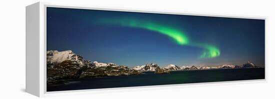 Aurora over Stamsund village and snowy mountains in background, Lofoten, Nordland County, Norway-null-Framed Premier Image Canvas