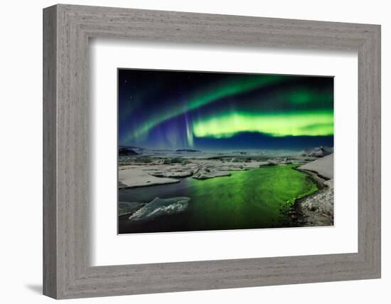 Auroras and Icebergs at the Glacial Lagoon, Jokulsarlon, Breidamerkurjokull, Vatnajokull Ice Cap-null-Framed Photographic Print