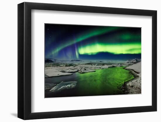 Auroras and Icebergs at the Glacial Lagoon, Jokulsarlon, Breidamerkurjokull, Vatnajokull Ice Cap-null-Framed Photographic Print