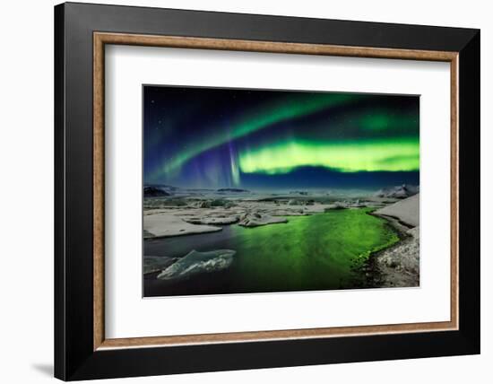 Auroras and Icebergs at the Glacial Lagoon, Jokulsarlon, Breidamerkurjokull, Vatnajokull Ice Cap-null-Framed Photographic Print