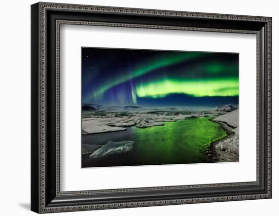 Auroras and Icebergs at the Glacial Lagoon, Jokulsarlon, Breidamerkurjokull, Vatnajokull Ice Cap-null-Framed Photographic Print