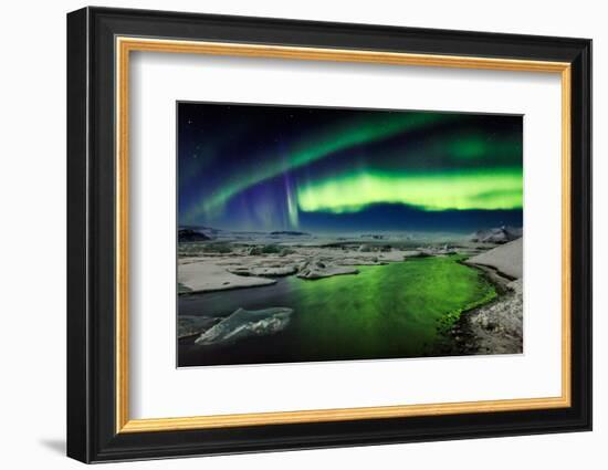 Auroras and Icebergs at the Glacial Lagoon, Jokulsarlon, Breidamerkurjokull, Vatnajokull Ice Cap-null-Framed Photographic Print