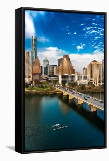 AUSTIN, TEXAS - Austin Cityscape Evening Skyline with skyscrapers down Congress Avenue Bridge ov...-null-Framed Stretched Canvas