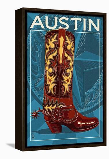 Austin,Texas - Boot - Letterpress-Lantern Press-Framed Stretched Canvas