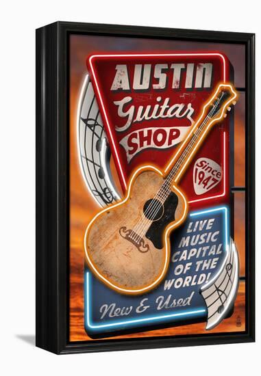 Austin, Texas - Guitar Shop Vintage Sign-Lantern Press-Framed Stretched Canvas