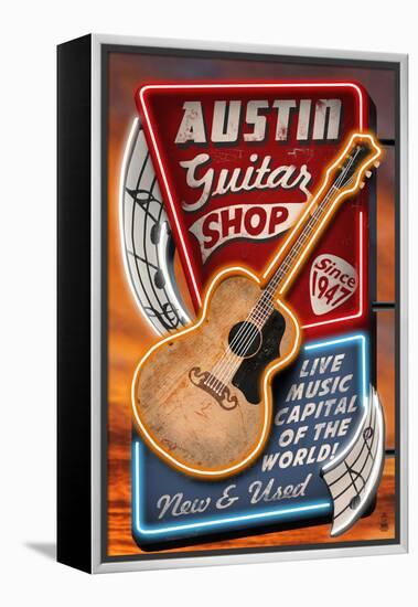 Austin, Texas - Guitar Shop Vintage Sign-Lantern Press-Framed Stretched Canvas