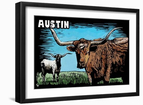 Austin, Texas - Longhorn - Scratchboard-Lantern Press-Framed Art Print