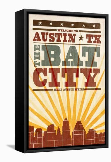 Austin, Texas - Skyline and Sunburst Screenprint Style-Lantern Press-Framed Stretched Canvas