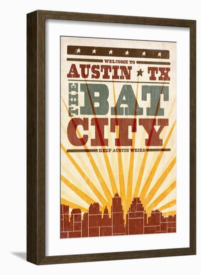 Austin, Texas - Skyline and Sunburst Screenprint Style-Lantern Press-Framed Art Print