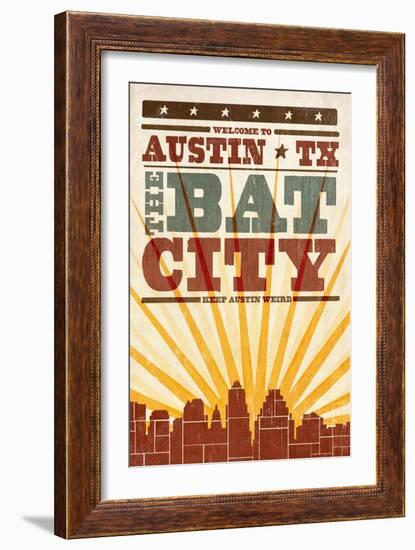 Austin, Texas - Skyline and Sunburst Screenprint Style-Lantern Press-Framed Art Print