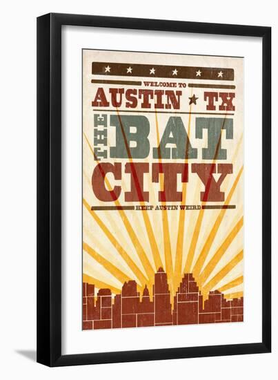 Austin, Texas - Skyline and Sunburst Screenprint Style-Lantern Press-Framed Art Print