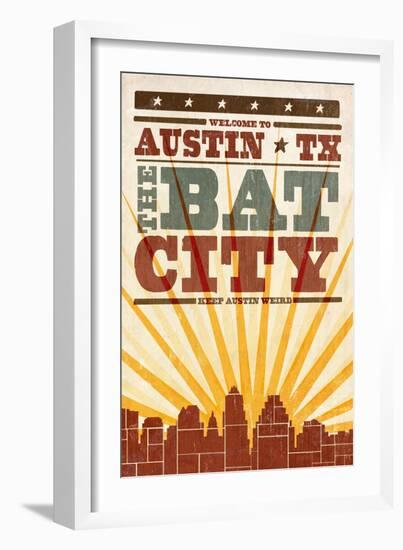 Austin, Texas - Skyline and Sunburst Screenprint Style-Lantern Press-Framed Art Print