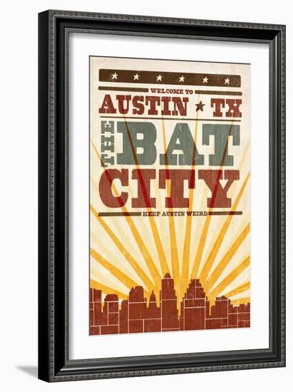 Austin, Texas - Skyline and Sunburst Screenprint Style-Lantern Press-Framed Art Print