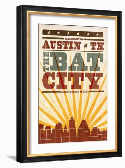 Austin, Texas - Skyline and Sunburst Screenprint Style-Lantern Press-Framed Art Print