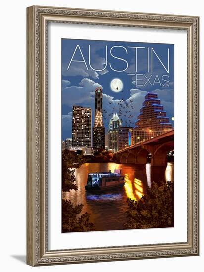 Austin, Texas - Skyline at Night-Lantern Press-Framed Art Print