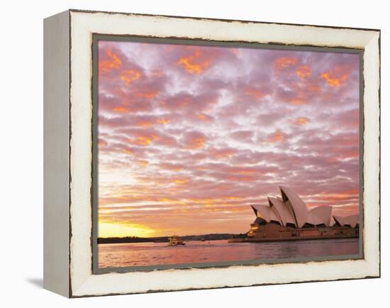 Australia, New South Wales, Sydney, Sydney Opera House, Boat in Harbour at Sunrise-Shaun Egan-Framed Premier Image Canvas