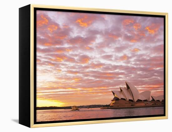 Australia, New South Wales, Sydney, Sydney Opera House, Boat in Harbour at Sunrise-Shaun Egan-Framed Premier Image Canvas