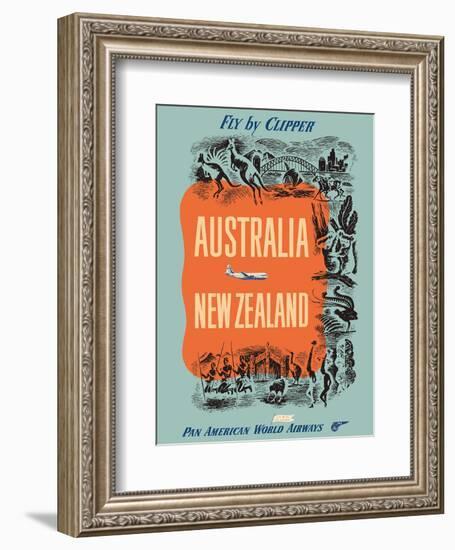 Australia - New Zealand - Fly by Clipper - Pan American World Airways-Pacifica Island Art-Framed Art Print