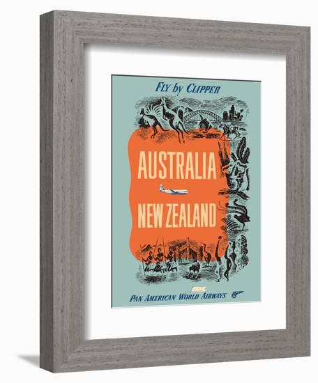 Australia - New Zealand - Fly by Clipper - Pan American World Airways-Pacifica Island Art-Framed Art Print