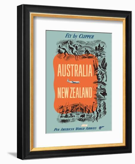 Australia - New Zealand - Fly by Clipper - Pan American World Airways-Pacifica Island Art-Framed Art Print