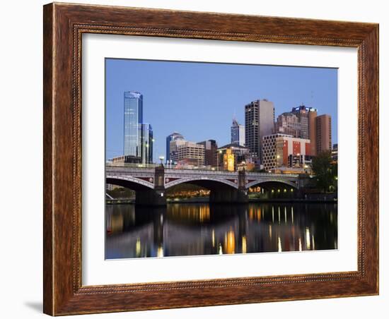 Australia, Victoria, Melbourne; Princes Bridge on the Yarra River, with the City Skyline at Dusk-Andrew Watson-Framed Photographic Print