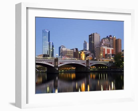 Australia, Victoria, Melbourne; Princes Bridge on the Yarra River, with the City Skyline at Dusk-Andrew Watson-Framed Photographic Print