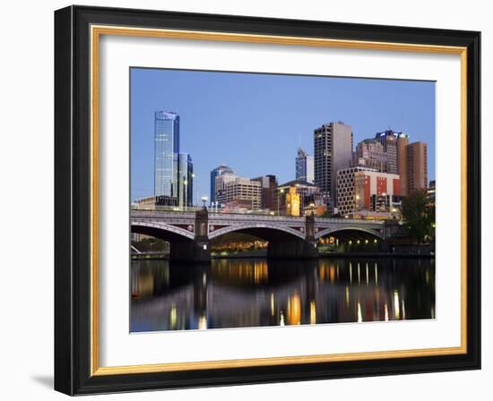 Australia, Victoria, Melbourne; Princes Bridge on the Yarra River, with the City Skyline at Dusk-Andrew Watson-Framed Photographic Print