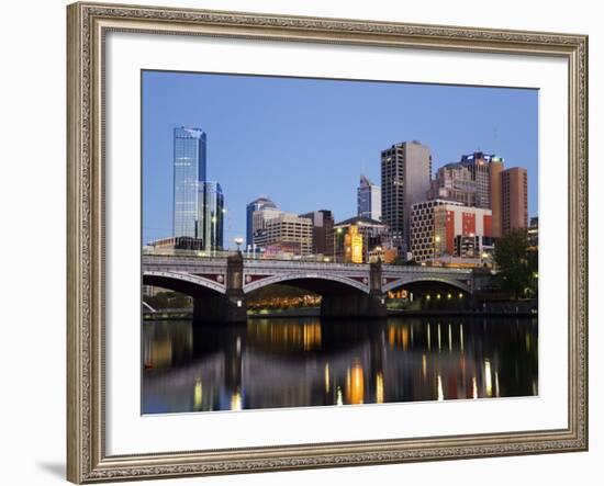 Australia, Victoria, Melbourne; Princes Bridge on the Yarra River, with the City Skyline at Dusk-Andrew Watson-Framed Photographic Print