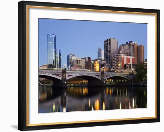 Australia, Victoria, Melbourne; Princes Bridge on the Yarra River, with the City Skyline at Dusk-Andrew Watson-Framed Photographic Print