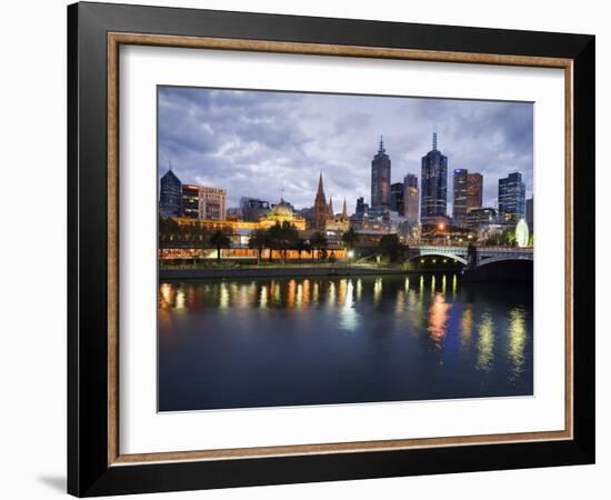 Australia, Victoria, Melbourne; Yarra River and City Skyline by Night-Andrew Watson-Framed Photographic Print