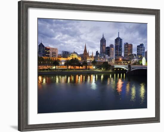 Australia, Victoria, Melbourne; Yarra River and City Skyline by Night-Andrew Watson-Framed Photographic Print