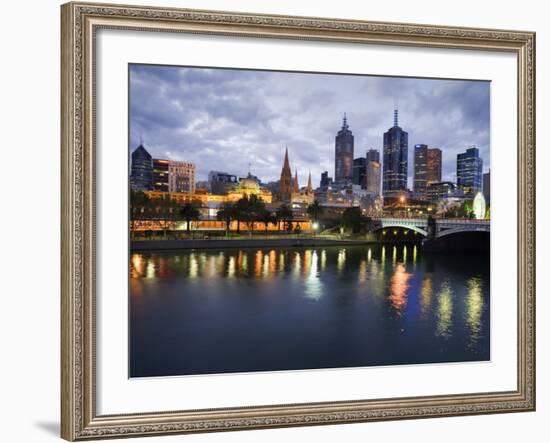 Australia, Victoria, Melbourne; Yarra River and City Skyline by Night-Andrew Watson-Framed Photographic Print