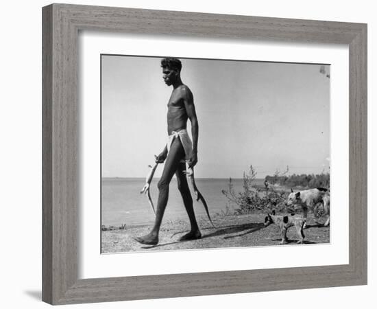 Australian Aborigine Man Bringing Back Two Monitor Lizards Known as Goannas to His Clan-Fritz Goro-Framed Photographic Print